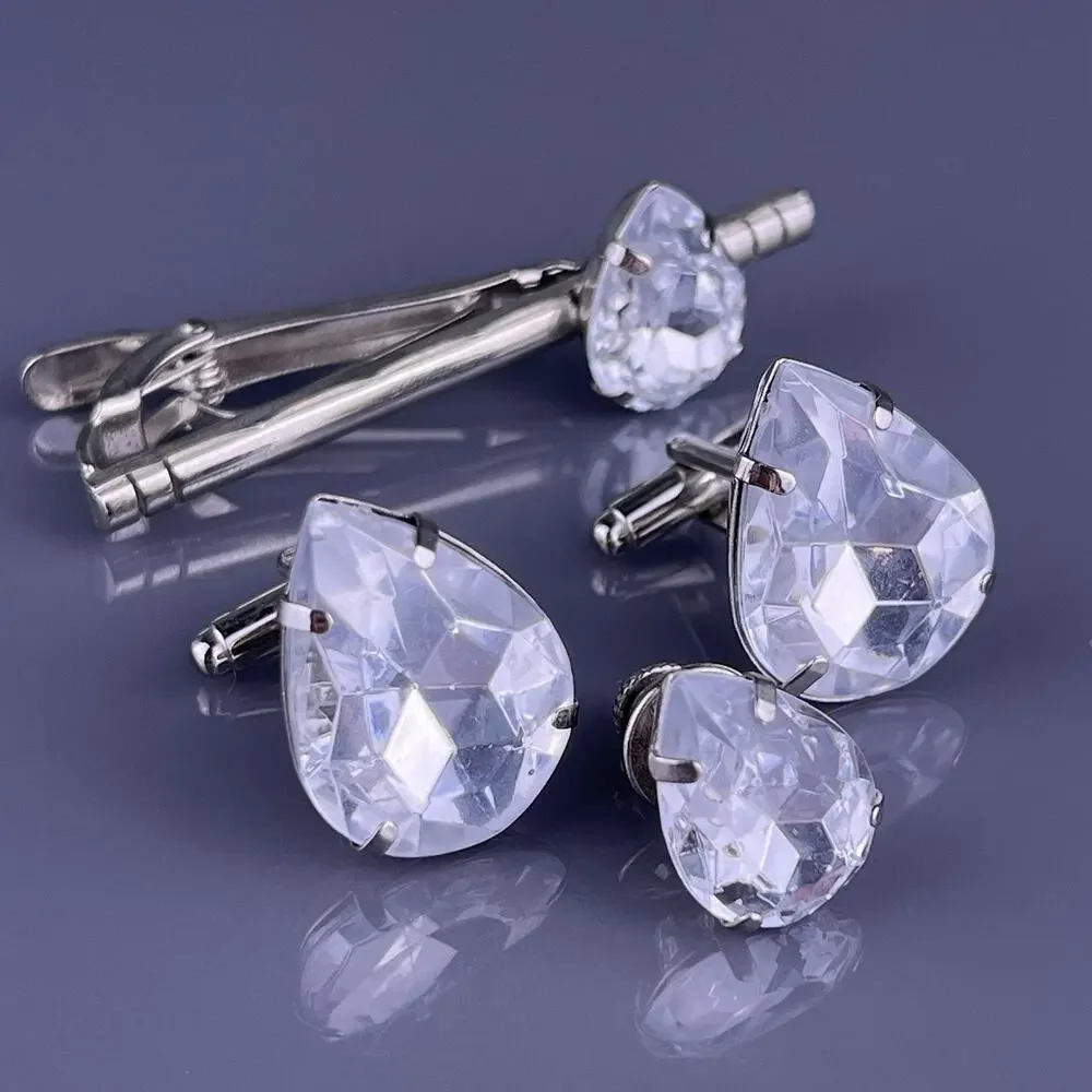 Large White Acrylic Teardrop Cufflinks Tie Clip Pin Set Silver Tone Vintage